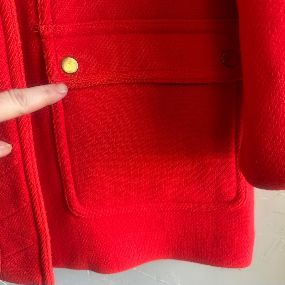 J. Crew Stadium Cloth Red Wool Coat w/ Faux Fur Hood Statement Winter Parka 2P - Picture 12 of 16